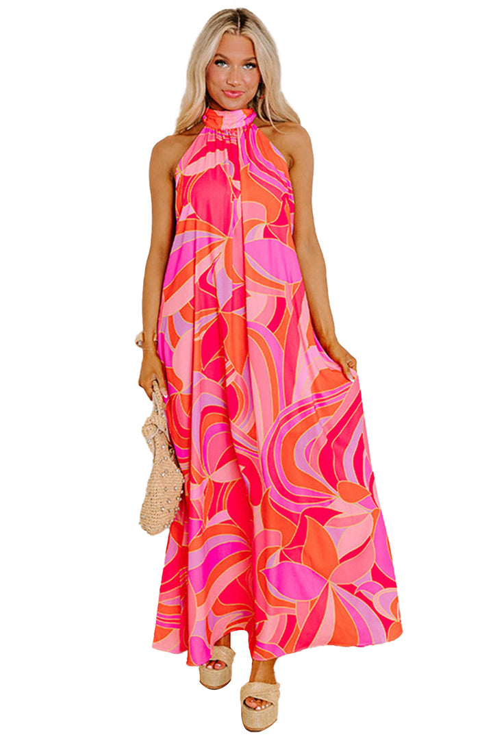 Abstract Printed High Neck Knotted Nape Sleeveless Maxi Dress