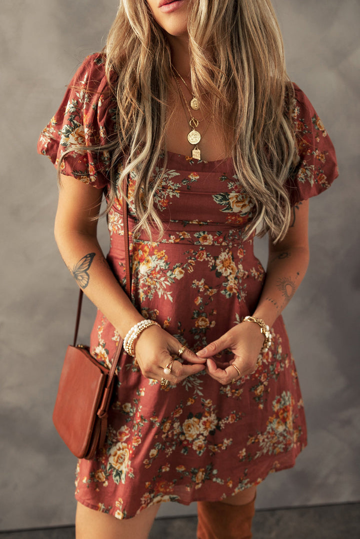 floral puff sleeve square neck knot open back mini dress