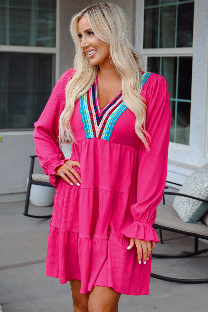 Colorful Crochet V Neck Textured Tiered Ruffled Long Sleeve Mini Dress
