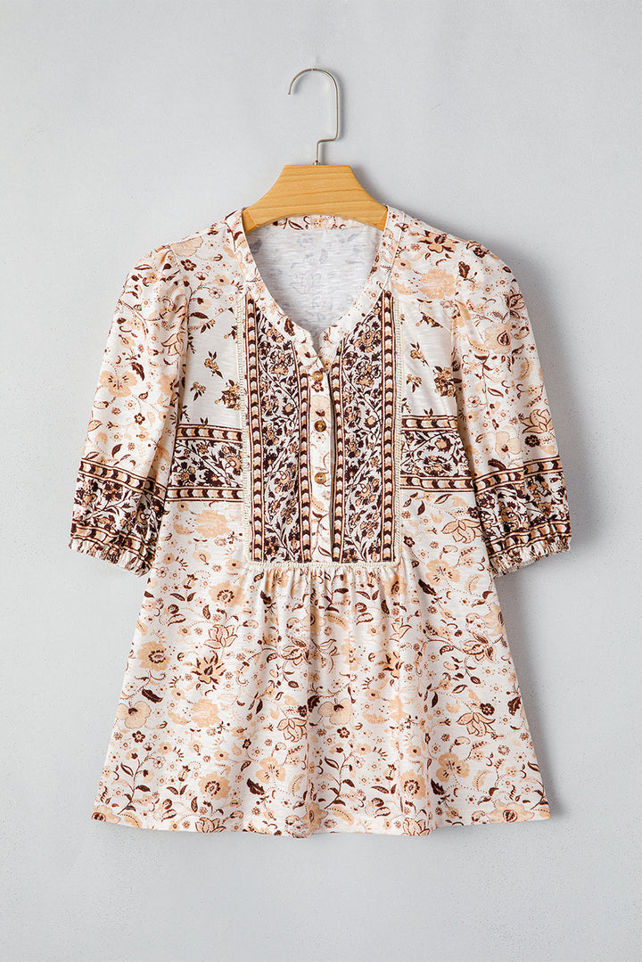 boho floral print half placket short sleeve loose blouse