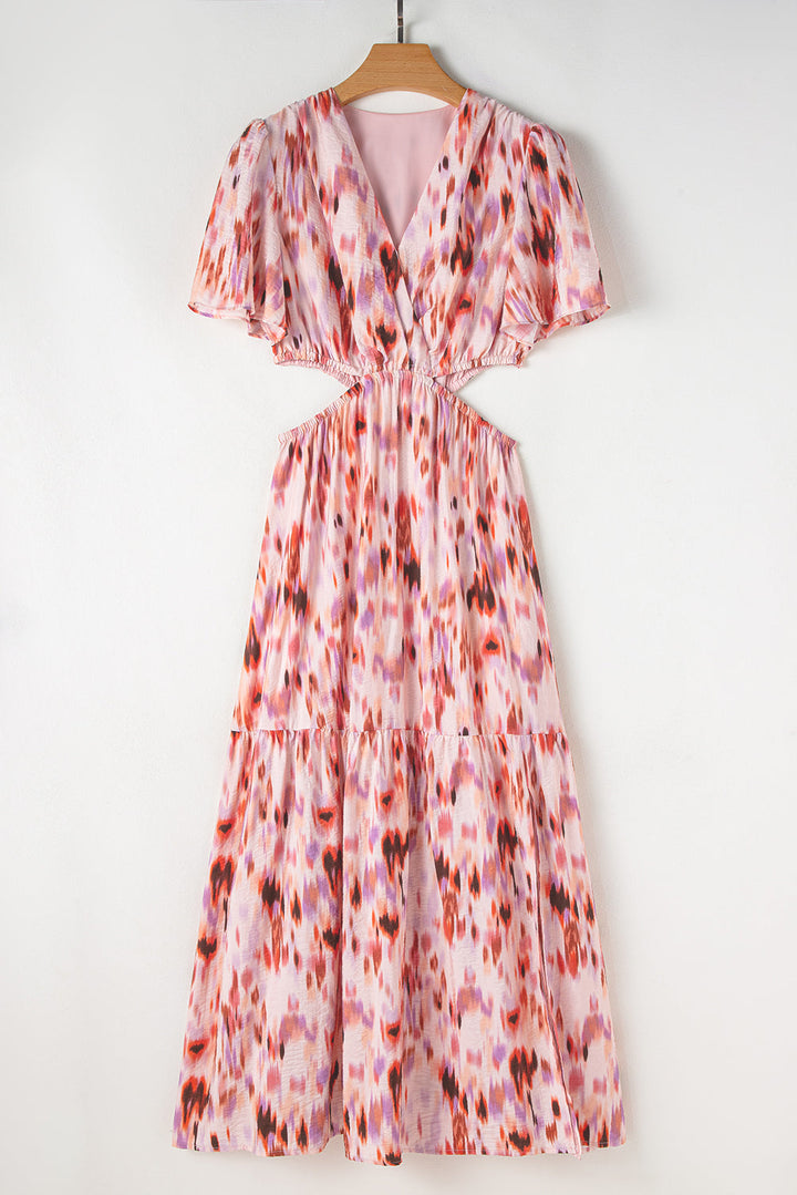 Abstract Printed Flutter Sleeve Daring Cutout Long Dress