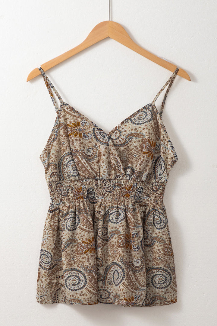 Paisley Printed Spaghetti Strap V Neck Smocked Babydoll Tank Top