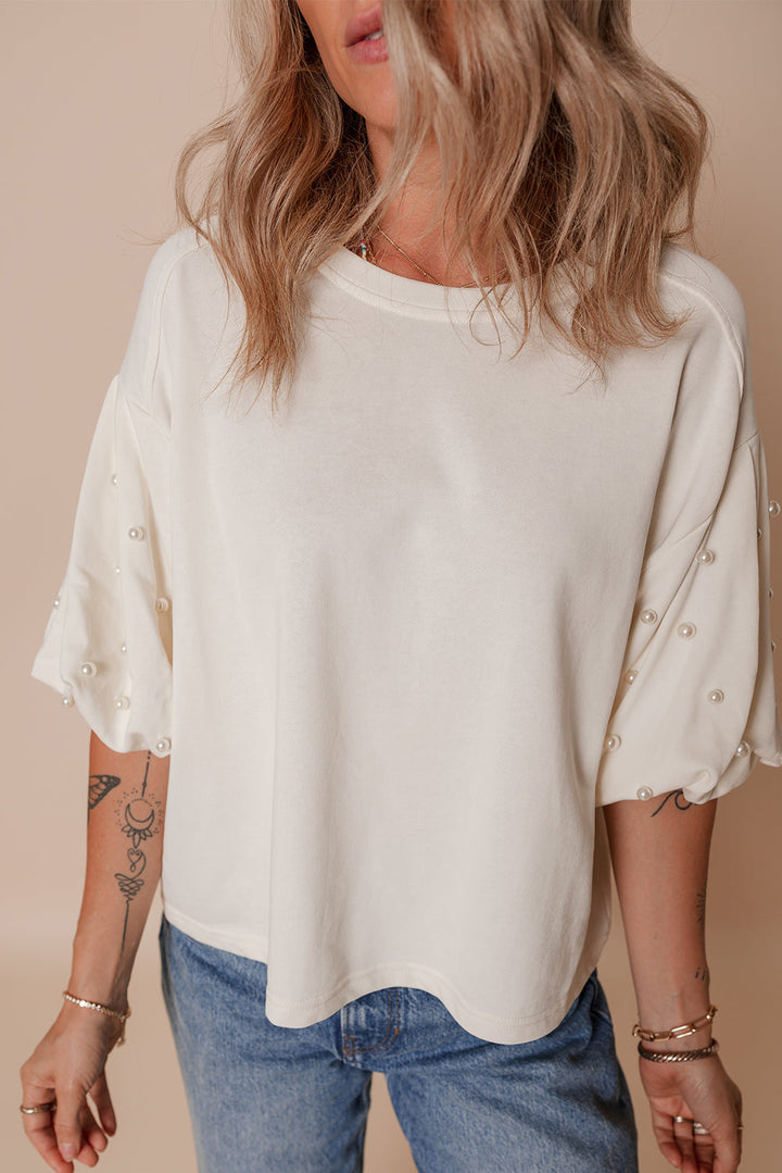 Pearled Puff Sleeve Round Neck Loose Top