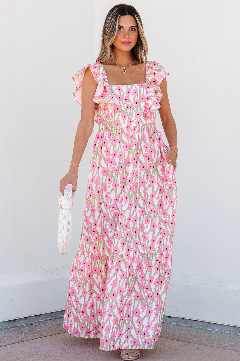 Floral Print Square Neck Ruffled Strap Maxi Dress