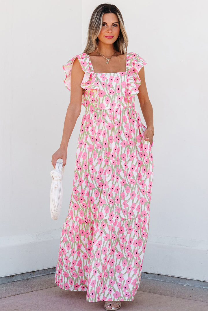 Floral Print Square Neck Ruffled Strap Maxi Dress
