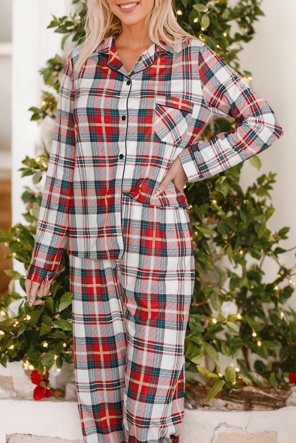 christmas plaid print two piece long sleeve pajamas set