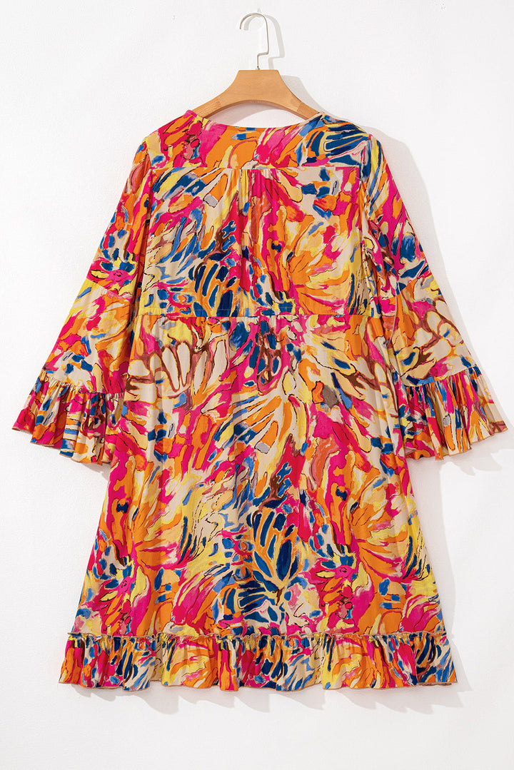 Plant Print Flared Sleeve Ruffled Hem Tunic High Waist Flowy Dress
