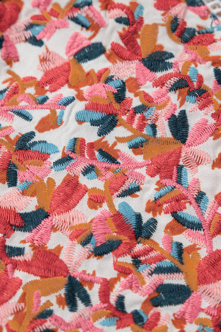 Printed Embroidery Detail Tie Split Neck Blouse