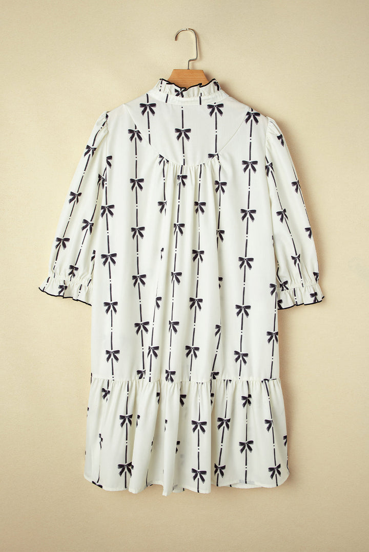 Bow Printed Puff Sleeve Ruffled Plus Size Mini Dress