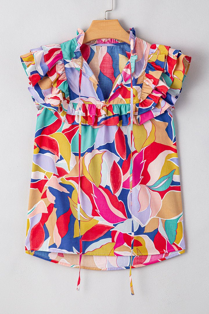 Abstract Printed Ruffled Flutter Sleeve Tied Split V Neck Blouse