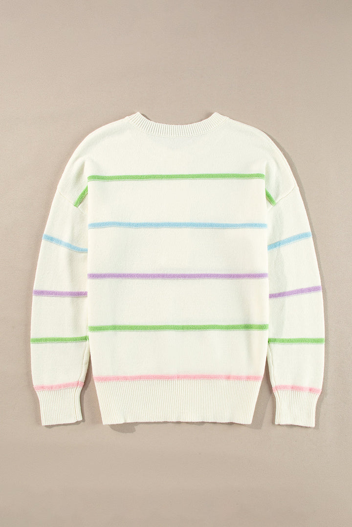 Rainbow Stripes Drop Shoulder Baggy Henley Sweater
