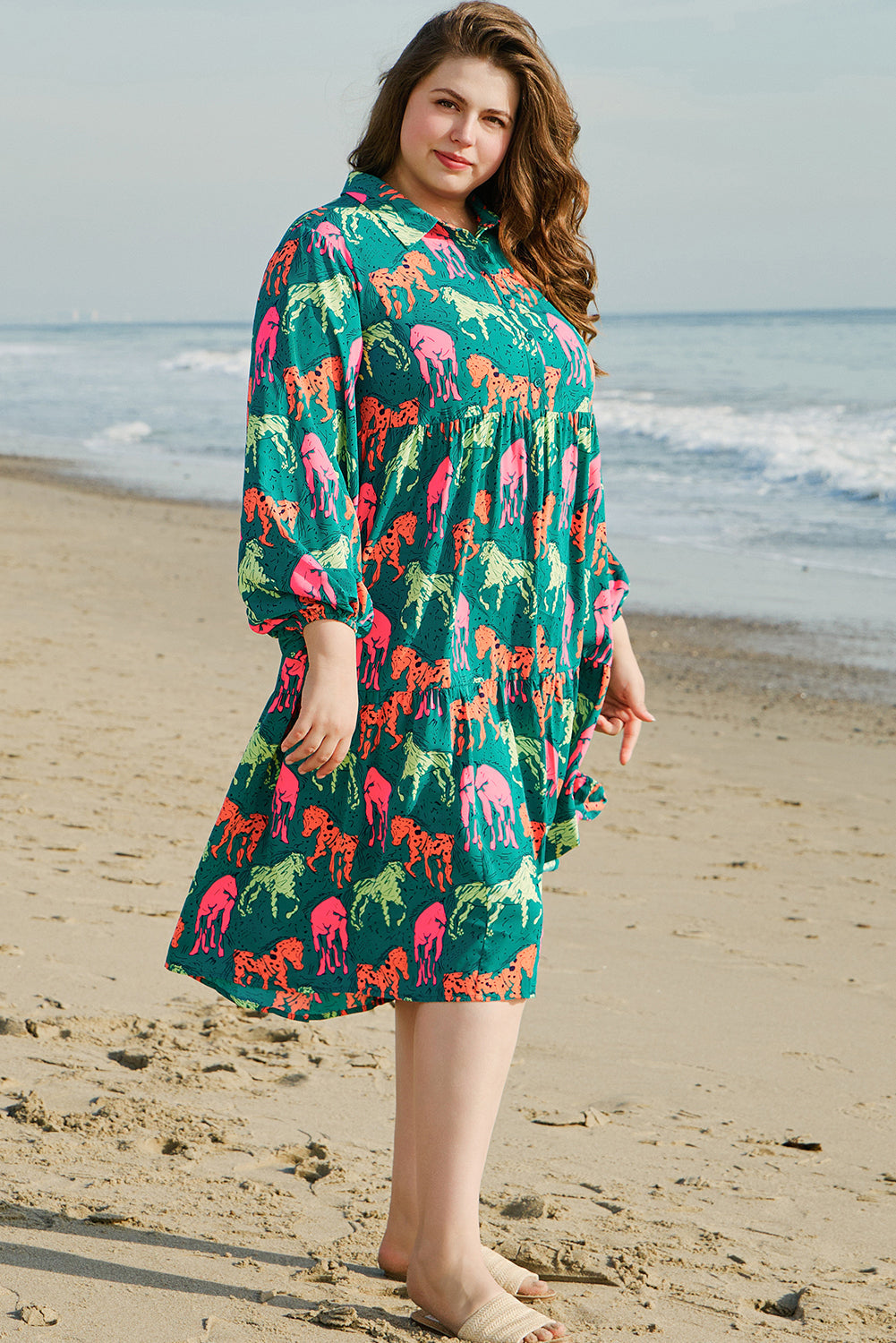 Horse Printed Long Sleeve Collared Buttoned Plus Size Midi Dress