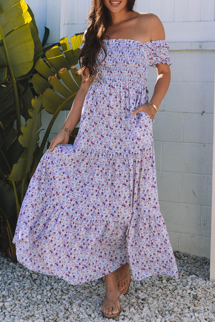 Floral Short Bubble Sleeve Shirred High Waist Maxi Dress