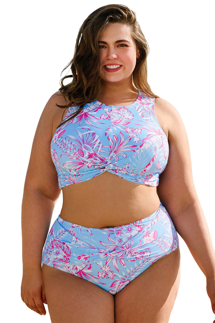Plus Size Floral Print Twisted High Waist Bikini Set