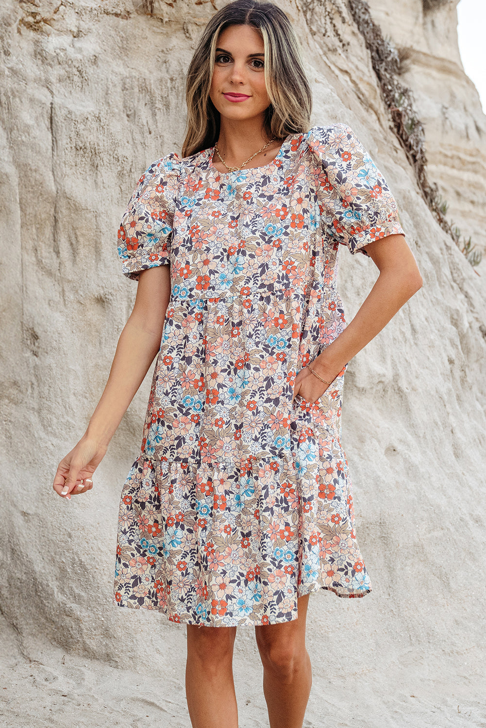 Bohemian Floral Print Short Puff Sleeve Mini Dress