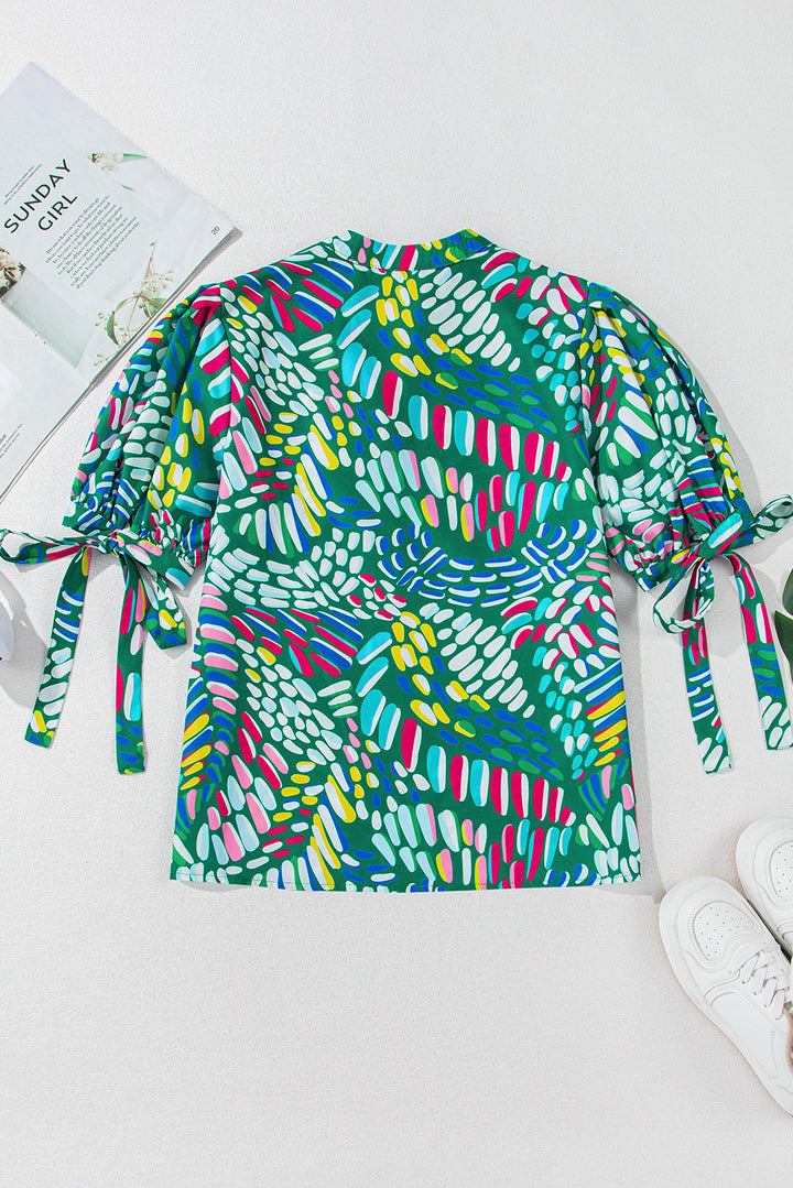 Brushwork Geometric Print Puff Sleeve Notched Neck Blouse
