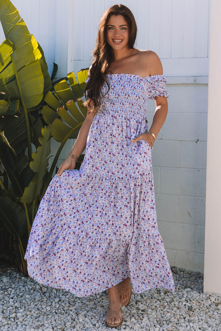 Floral Short Bubble Sleeve Shirred High Waist Maxi Dress