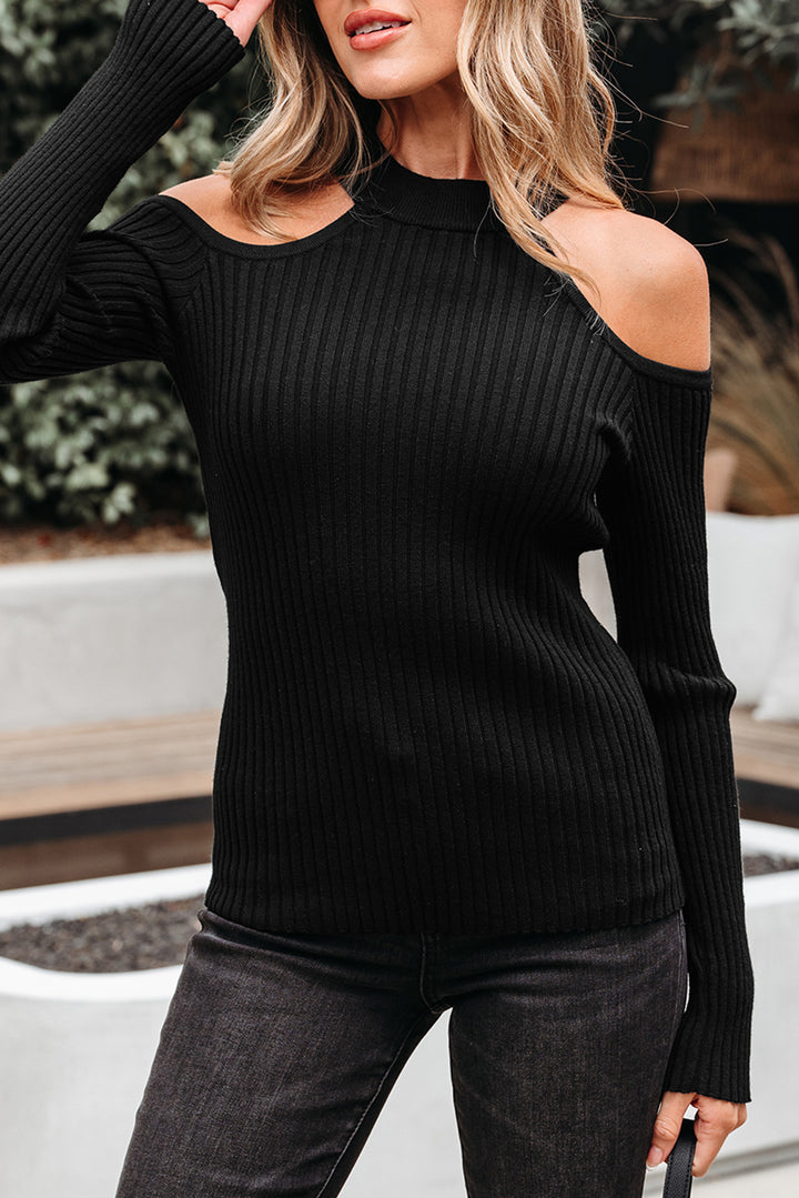 Ribbed Knit Cold Shoulder Choker Neck Sweater