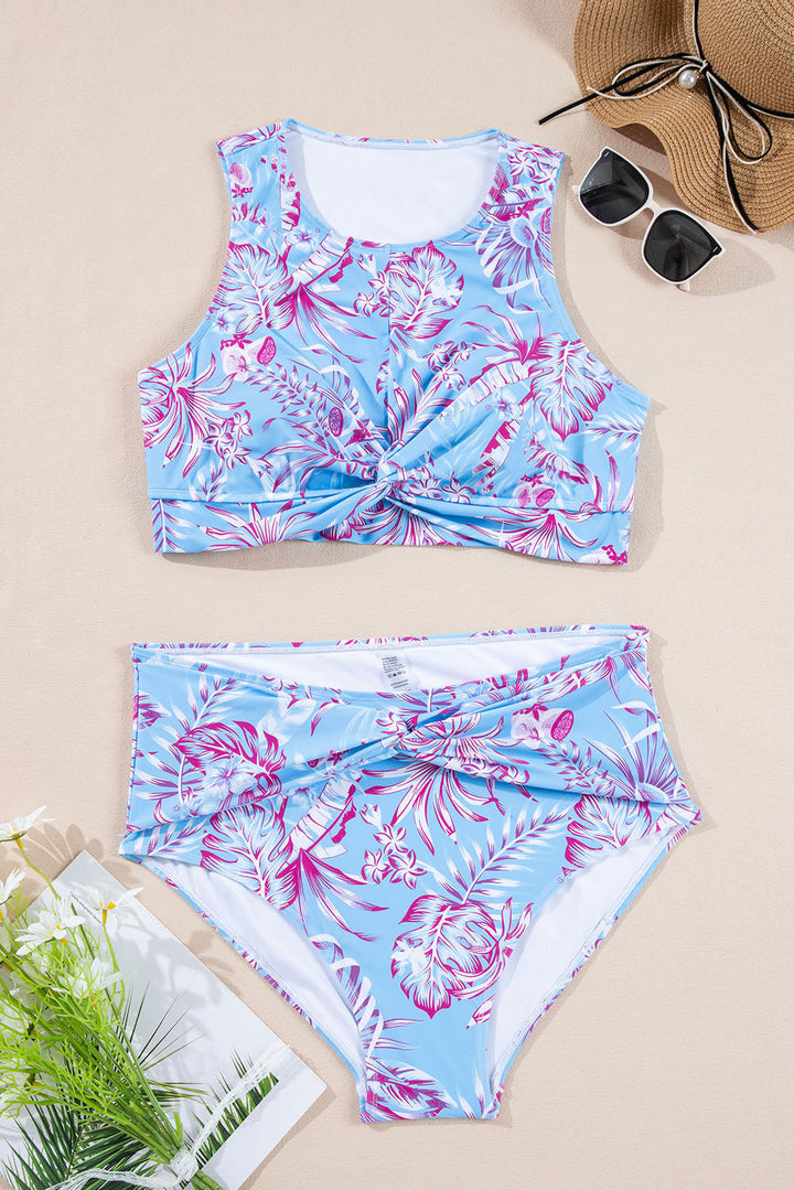 Plus Size Floral Print Twisted High Waist Bikini Set