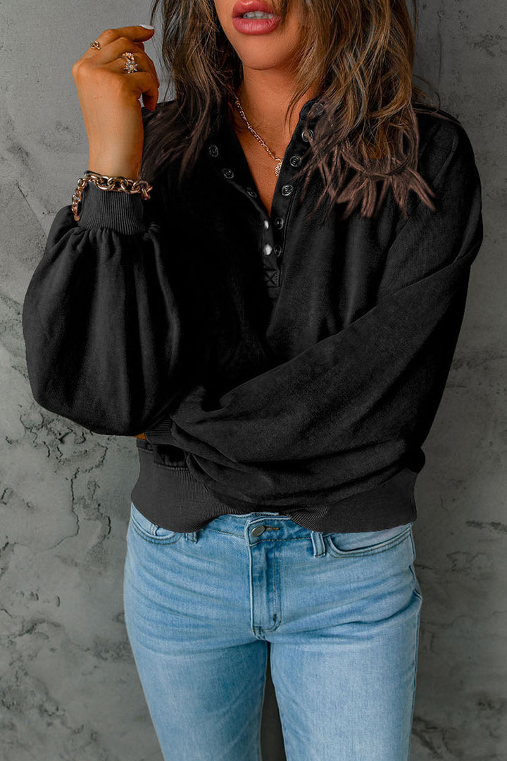 Washed Snap Buttons Lantern Sleeve Pullover Sweatshirt