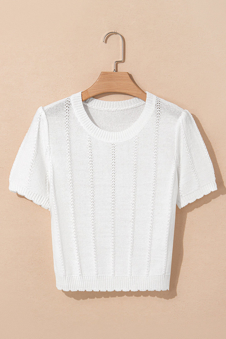 Pointelle Knit Short Puff Sleeve Crewneck Sweater
