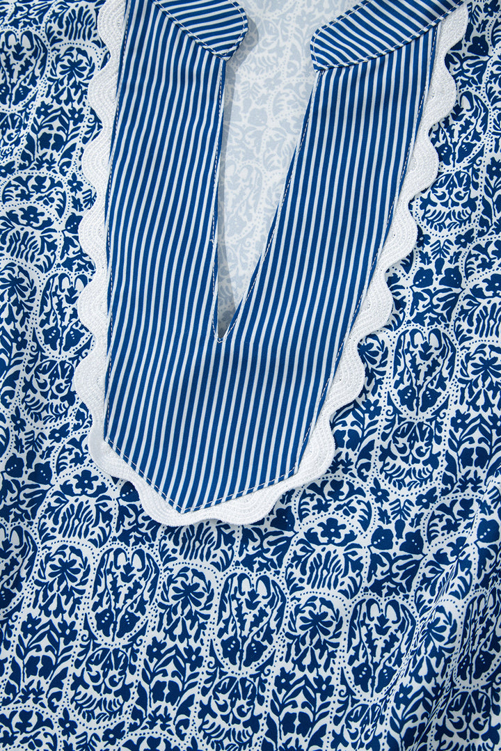 floral striped print contrast ric rac puff sleeve top