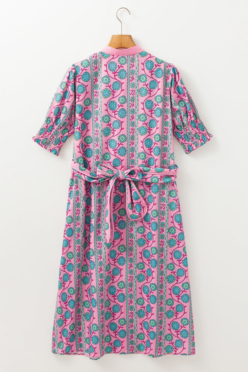 Floral Shirred Puff Sleeve Buttoned Front Midi Dress with Sash