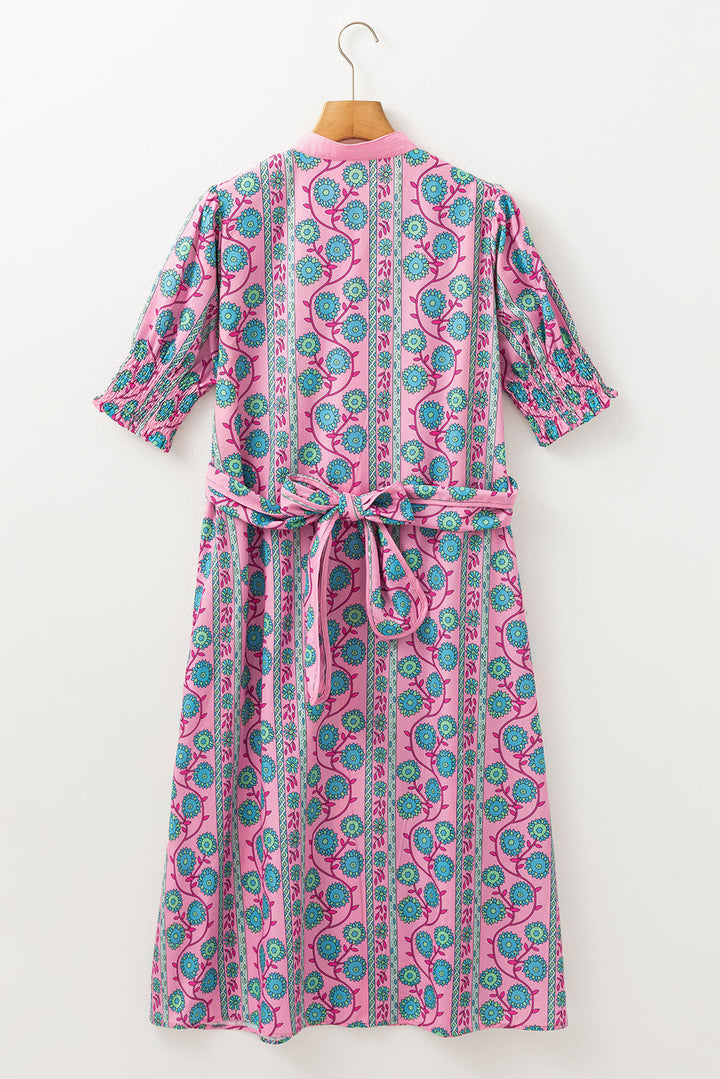 Floral Shirred Puff Sleeve Buttoned Front Midi Dress with Sash