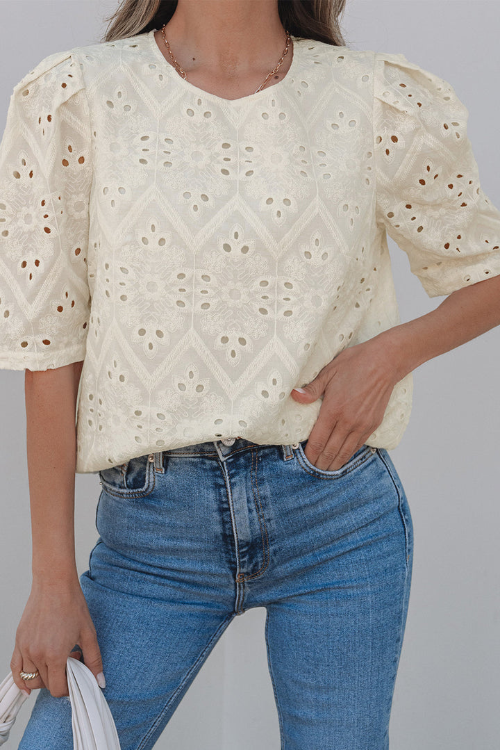 Eyelet Embroidered Half Sleeve Casual Blouse