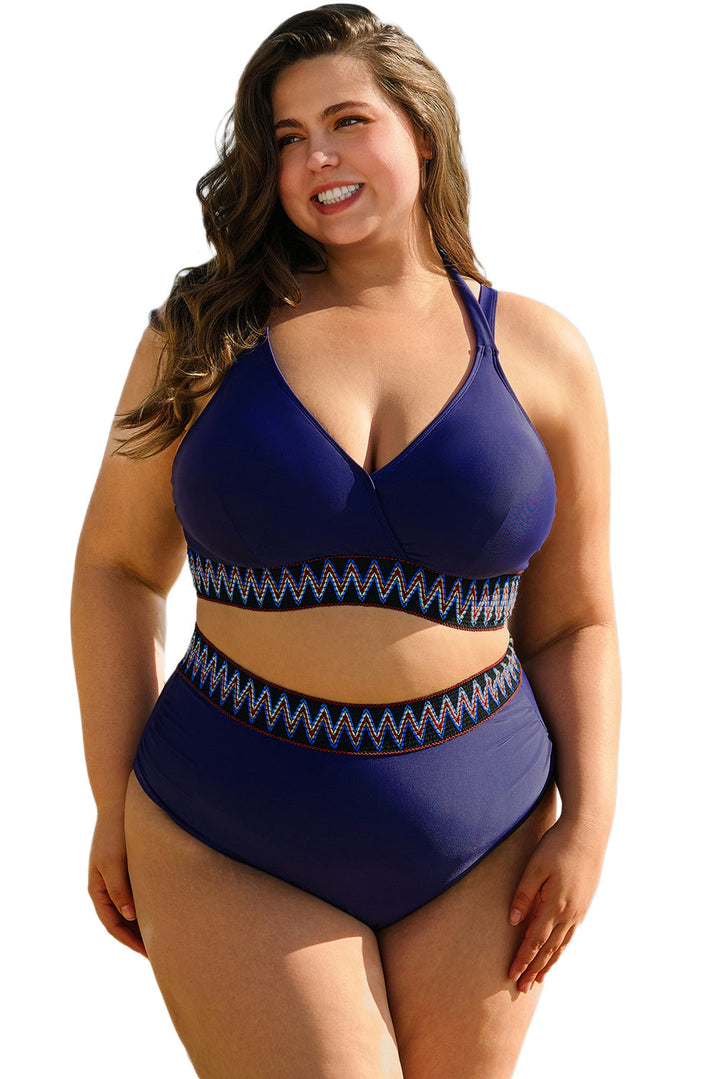 Embroidered Trim Wrap Tie Knot Plus Size High Waisted Bikini