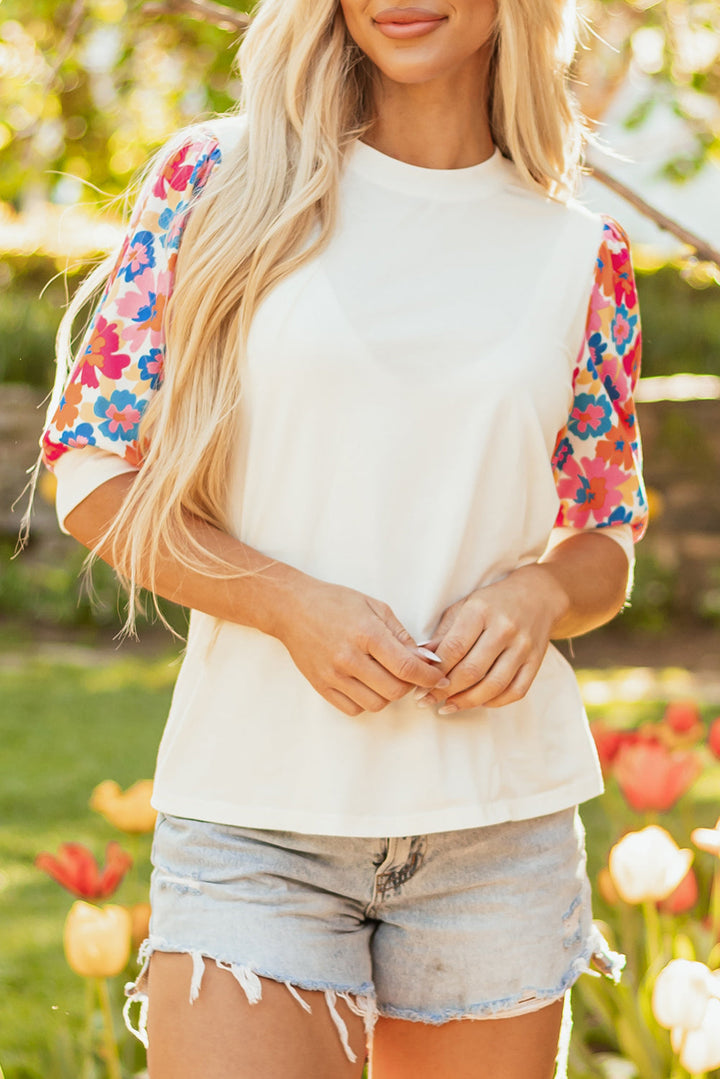 floral puff sleeve patchwork round neck top