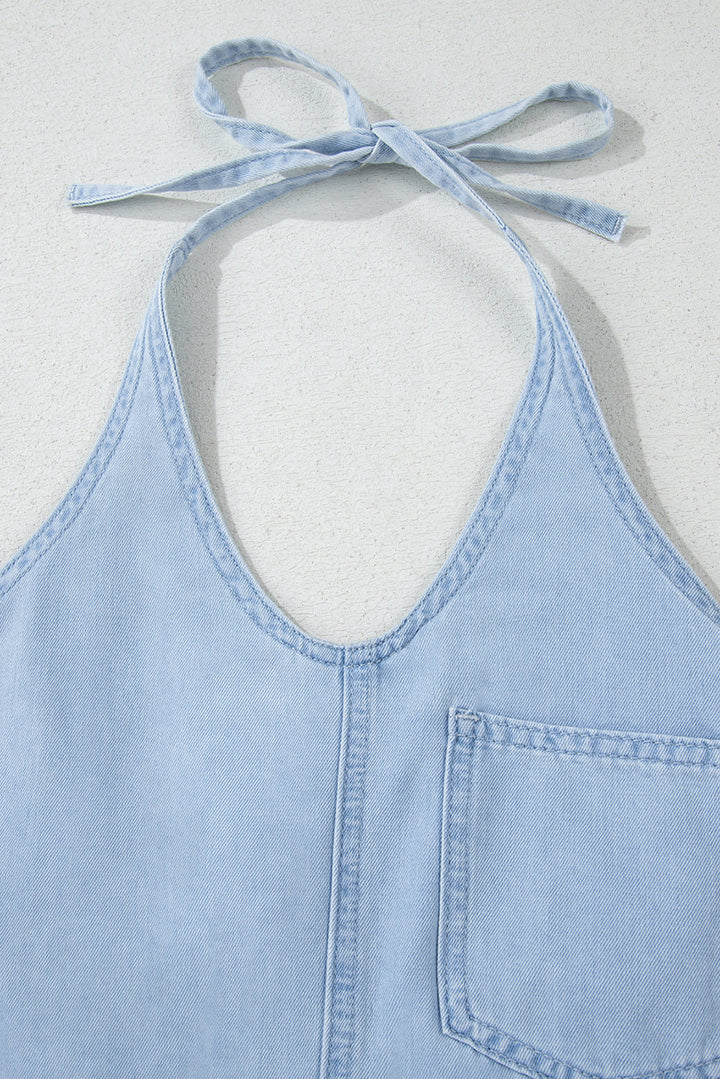 Knotted Open Back Halterneck Denim Tank Top