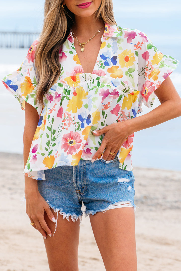floral boxy fit ruffled short sleeve v neck blouse