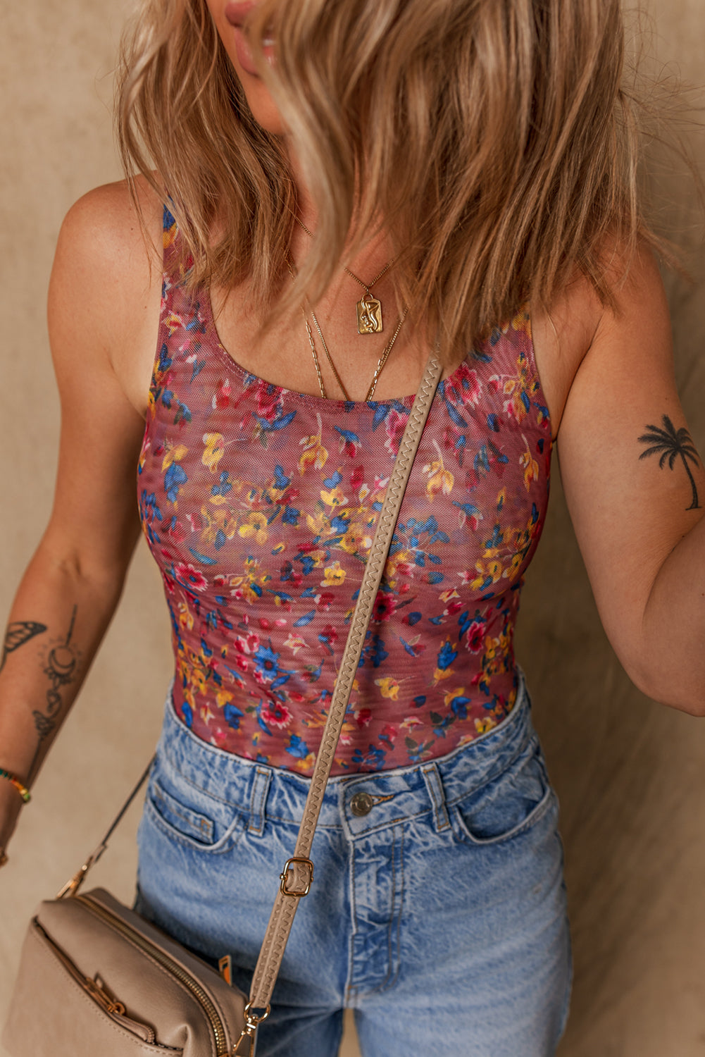 Floral Printed Mesh U Neck Sleeveless Bodysuit