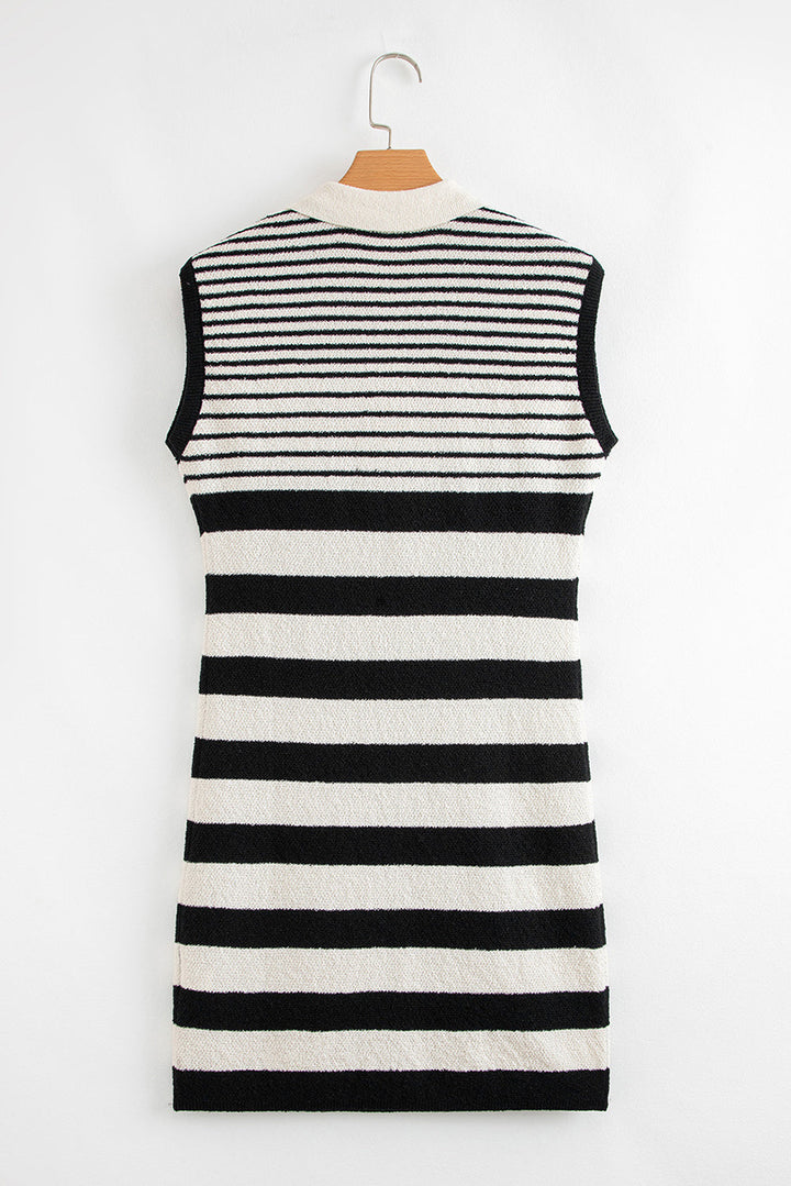 Mixed Striped Print Half Placket Collared Cap Sleeve Bodycon Sweater Dress