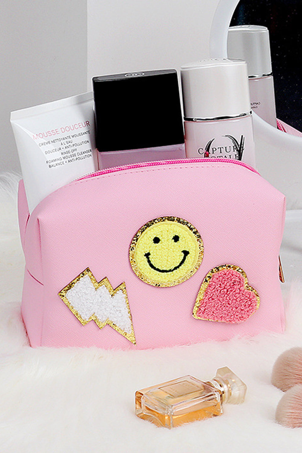 Trousse de maquillage à fermeture éclair en PU avec patch chenille et motif smiley