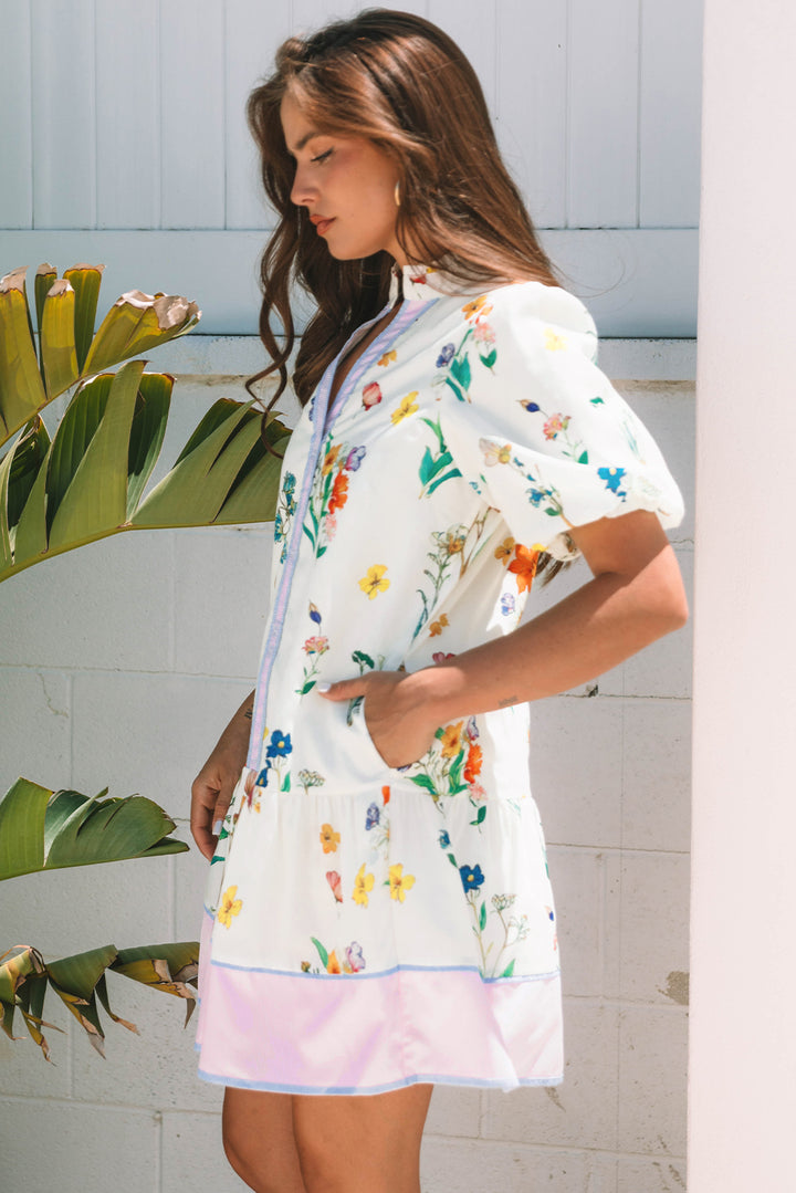 Floral Print Contrast Striped Patchwork Short Puff Sleeve Dress