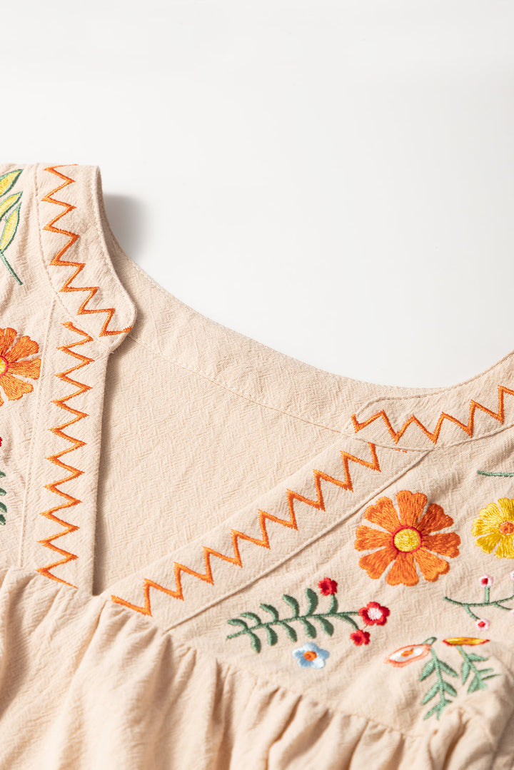 linen embroidery split neck pom pom ruffle sleeves flowy short dress