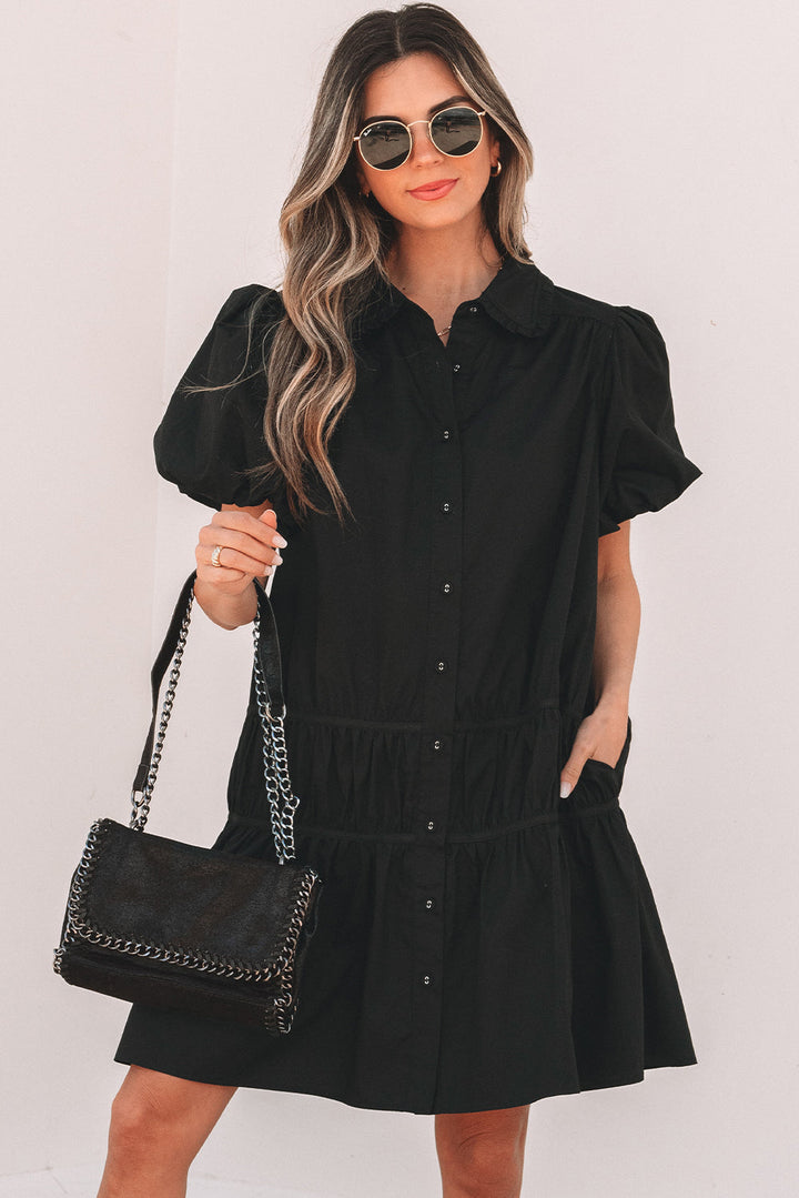 Shirt Style Button Down Puff Sleeve Ruffle Hem Dress