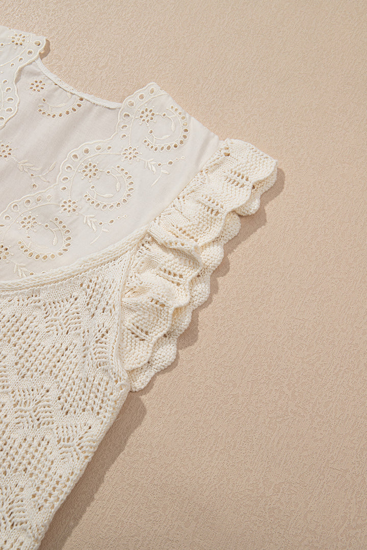 Embroidered Patchwork Hollow Out Knitted Ruffle Sweater Vest