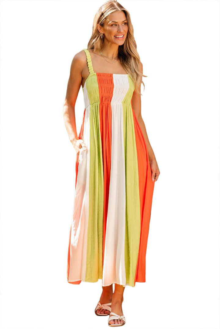 Color Block Shirred High Waist Fit and Flare Maxi Dress