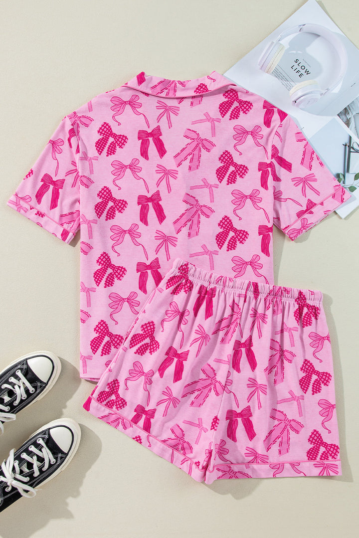 bow print half sleeve shirt and shorts pajamas set