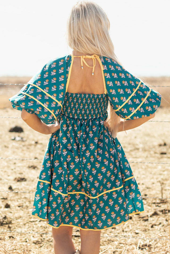 Floral Contrast Trim Square Neck Puff Sleeve Dress