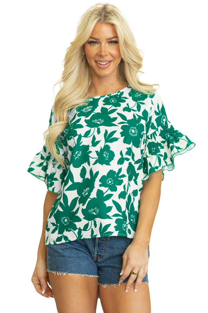 Floral Printed Ruffled Short Sleeve Round Neck Loose Blouse