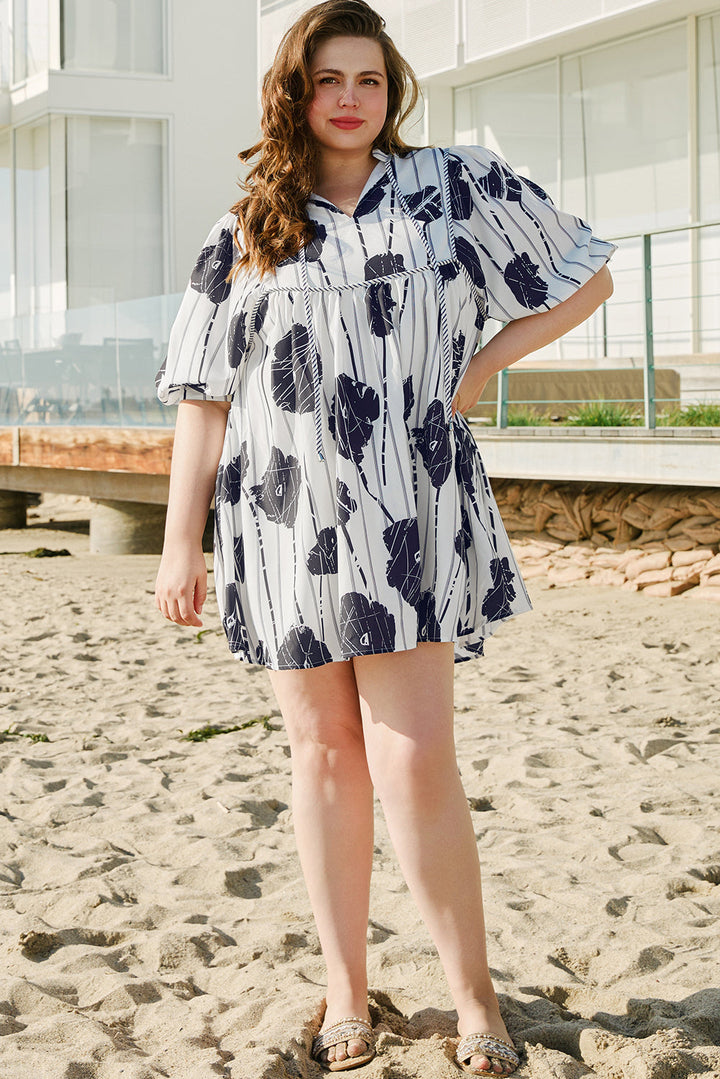 Plus Size Floral 3/4 Puff Sleeve Lace-up Neck Mini Dress