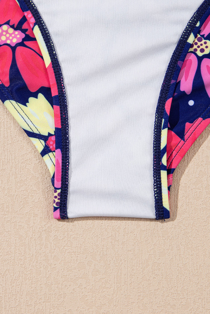 v neck ruffled hem floral bottom tankini set