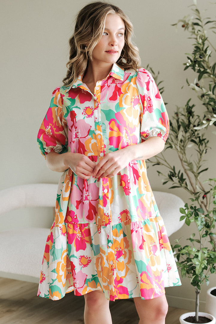 Floral Puff Sleeve Collar Buttoned Babydoll Dress