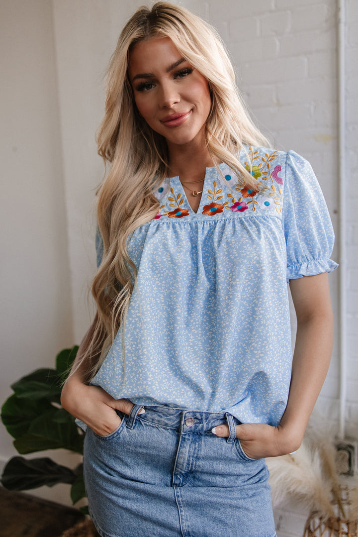 Floral Embroidered Puff Sleeve Notched V Neck Blouse