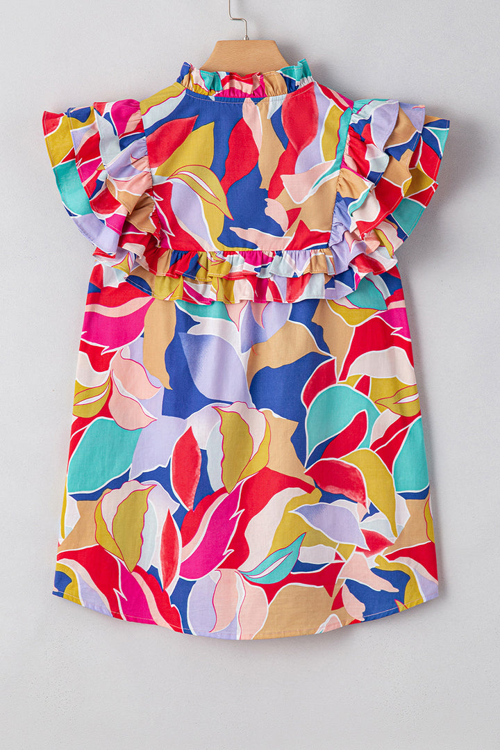 Abstract Printed Ruffled Flutter Sleeve Tied Split V Neck Blouse