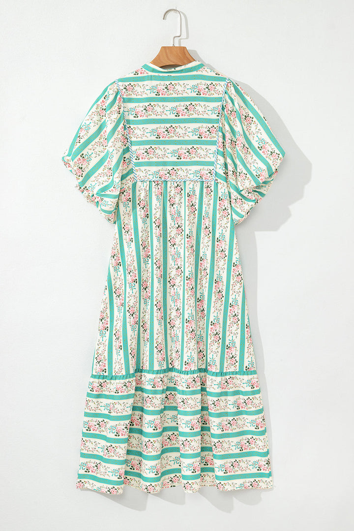 striped floral print tie split neck puff sleeve midi dress